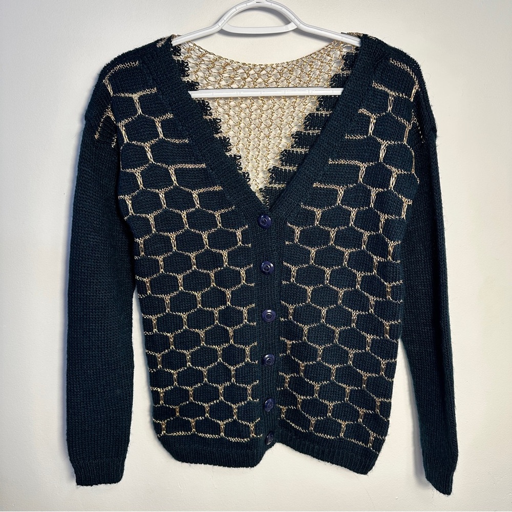 Unique Navy & Gold Knit Cardigan – Geometric Elegance